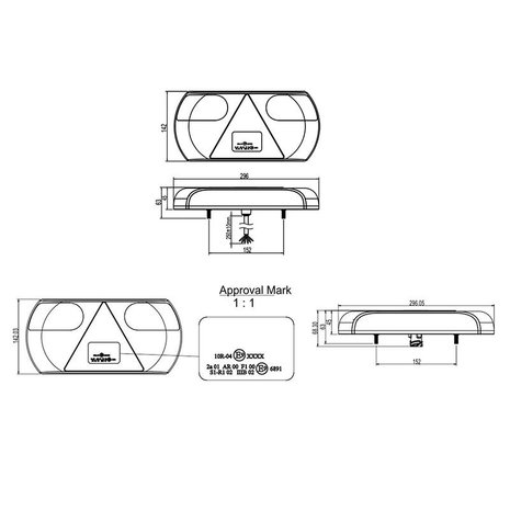 Feu arriere 6 fonctions 296x142mm 32LED droite