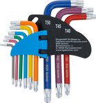 Jeu de cles allen multicolore courtes Profil T (pour Torx) avec percage et tete spherique T10 - T50 9 pieces